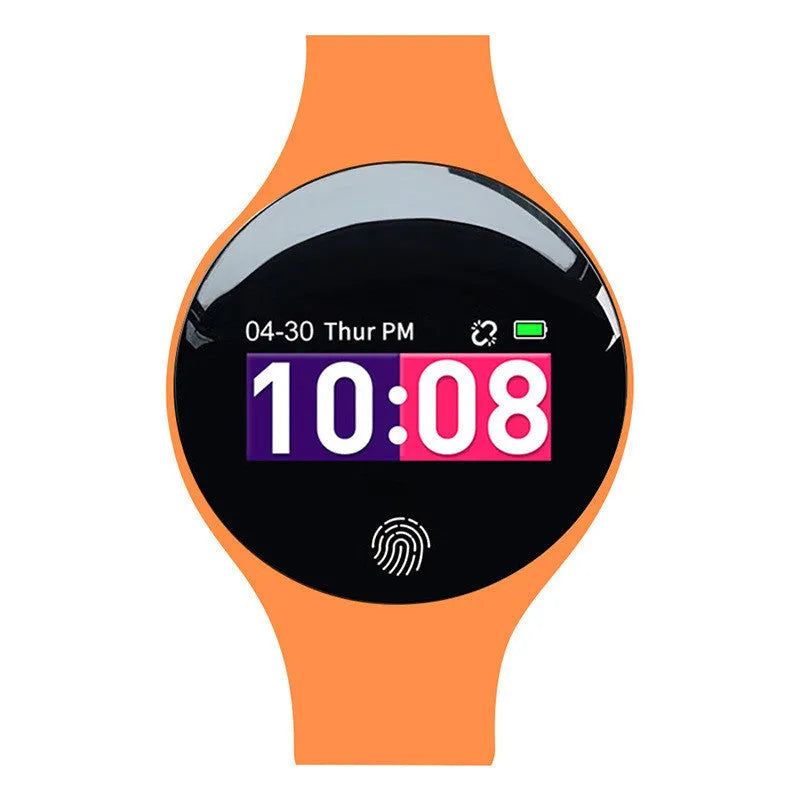 Smart watch with Bluetooth connectivity, vibrating alarm, pedometer, and 0.66-inch screen display