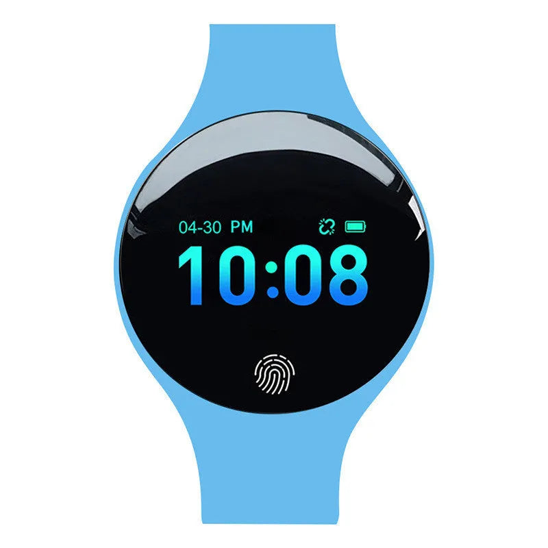 Smart watch with Bluetooth connectivity, vibrating alarm, pedometer, and 0.66-inch screen display