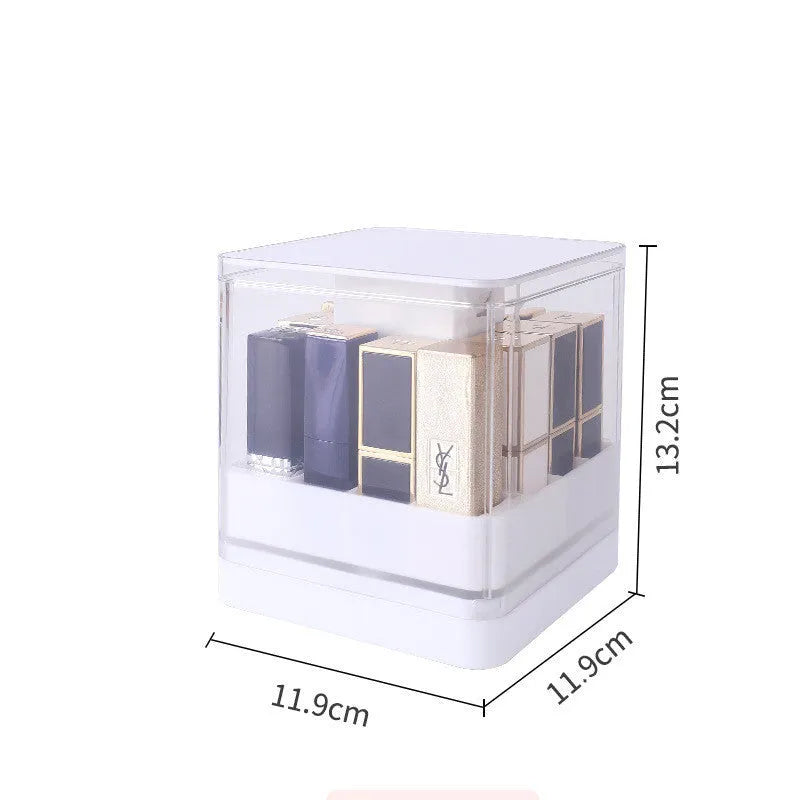 Press lift lipstick storage organiser box in pink colour showing internal grid compartments for cosmetics.