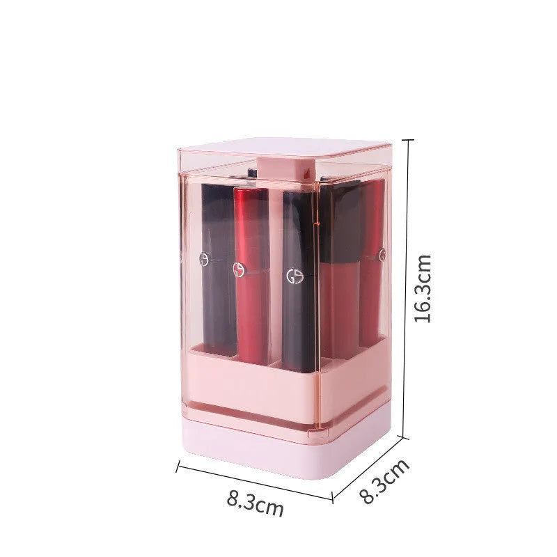 Press lift lipstick storage organiser box in pink colour showing internal grid compartments for cosmetics.