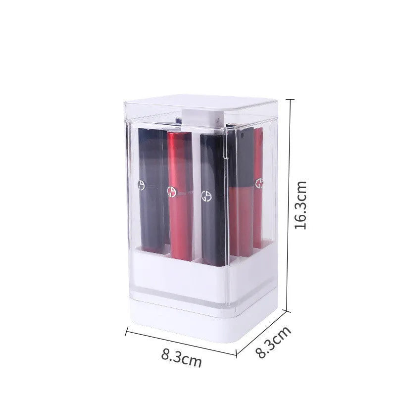 Press lift lipstick storage organiser box in pink colour showing internal grid compartments for cosmetics.