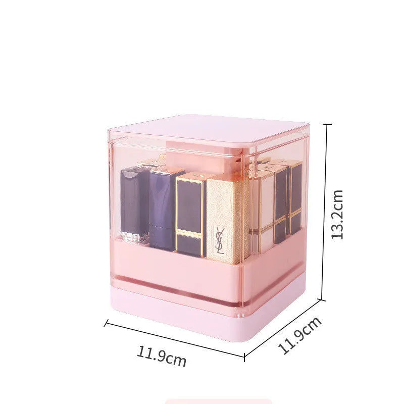 Press lift lipstick storage organiser box in pink colour showing internal grid compartments for cosmetics.