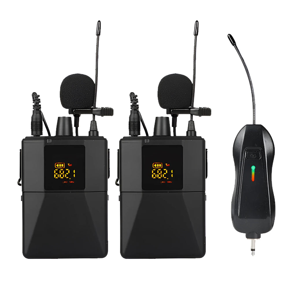Black Little Bee wireless lavalier microphone clipped to a shirt collar next to its receiver.