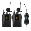 Black Little Bee wireless lavalier microphone clipped to a shirt collar next to its receiver.
