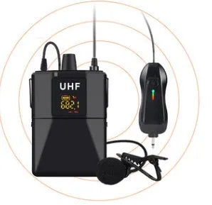 Black Little Bee wireless lavalier microphone clipped to a shirt collar next to its receiver.