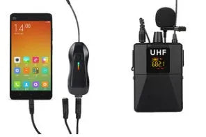 Black Little Bee wireless lavalier microphone clipped to a shirt collar next to its receiver.