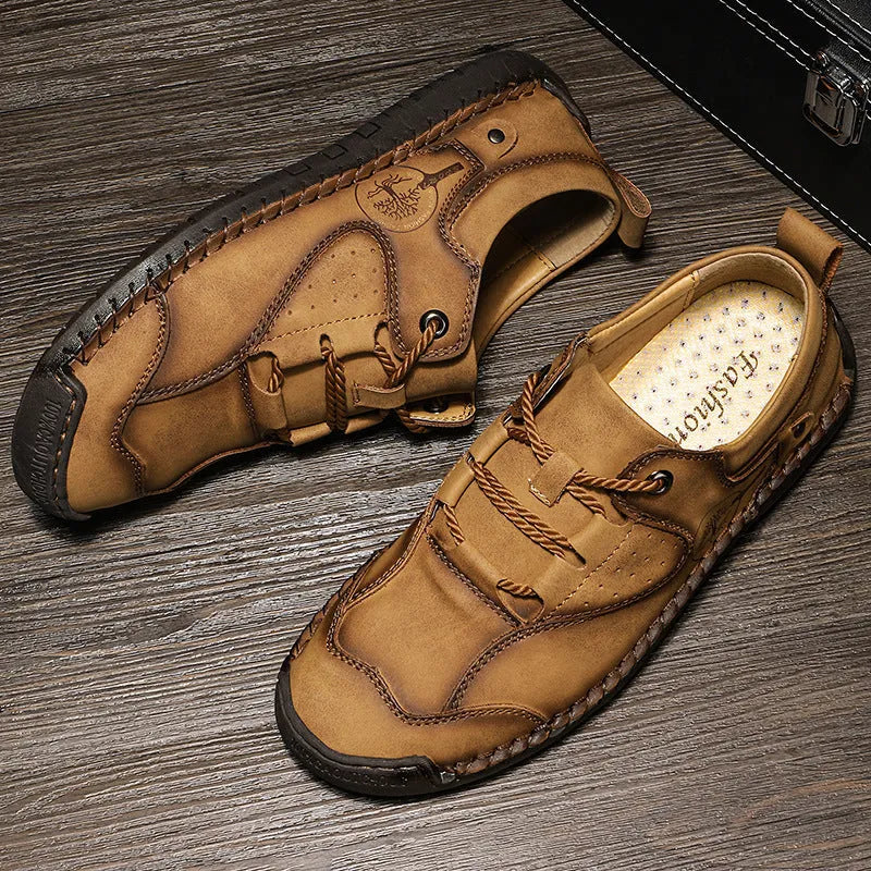 Men's casual leather shoes with round toe in black, gold, and khaki colour options