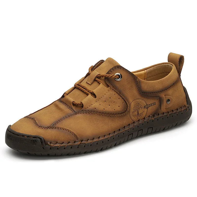 Men's casual leather shoes with round toe in black, gold, and khaki colour options