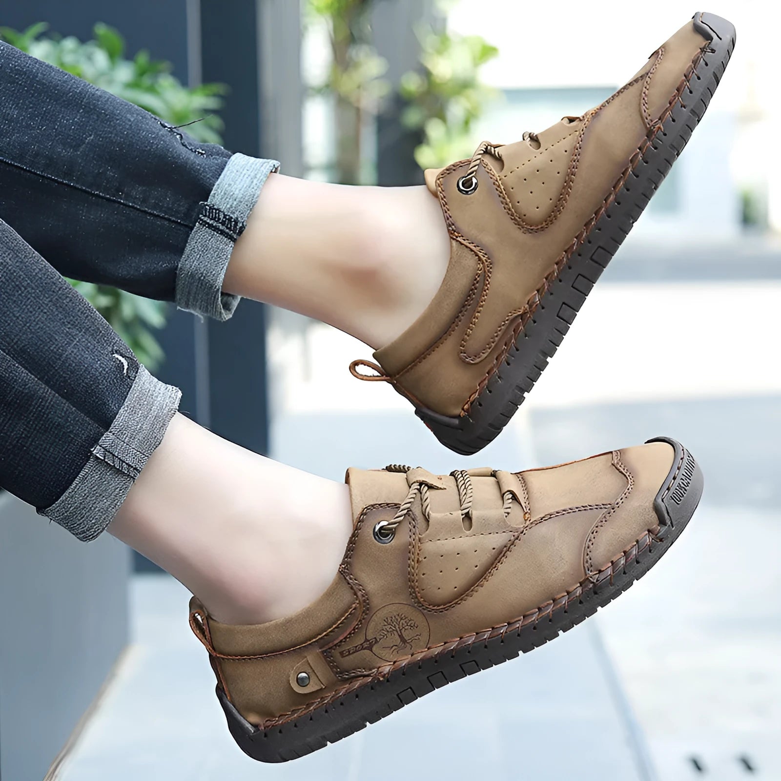 Men's casual leather shoes with round toe in black, gold, and khaki colour options