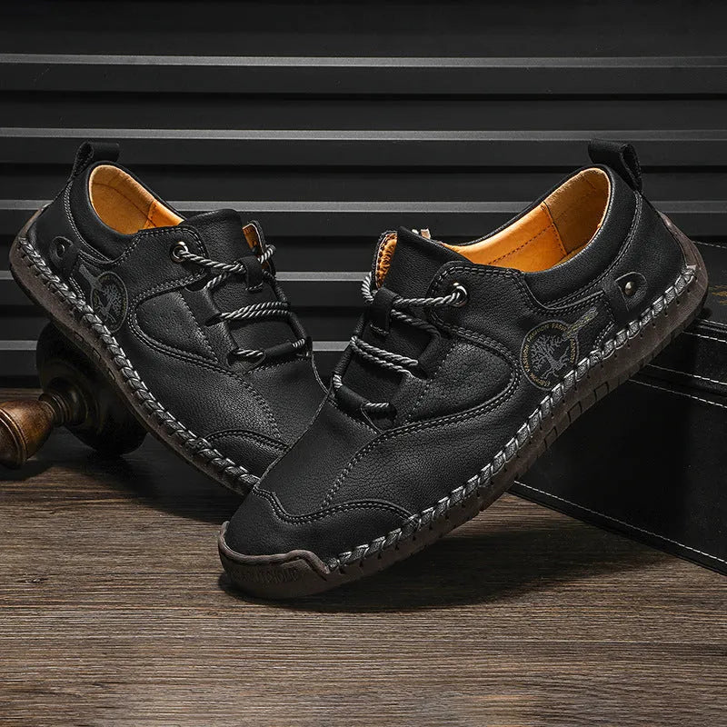 Men's casual leather shoes with round toe in black, gold, and khaki colour options