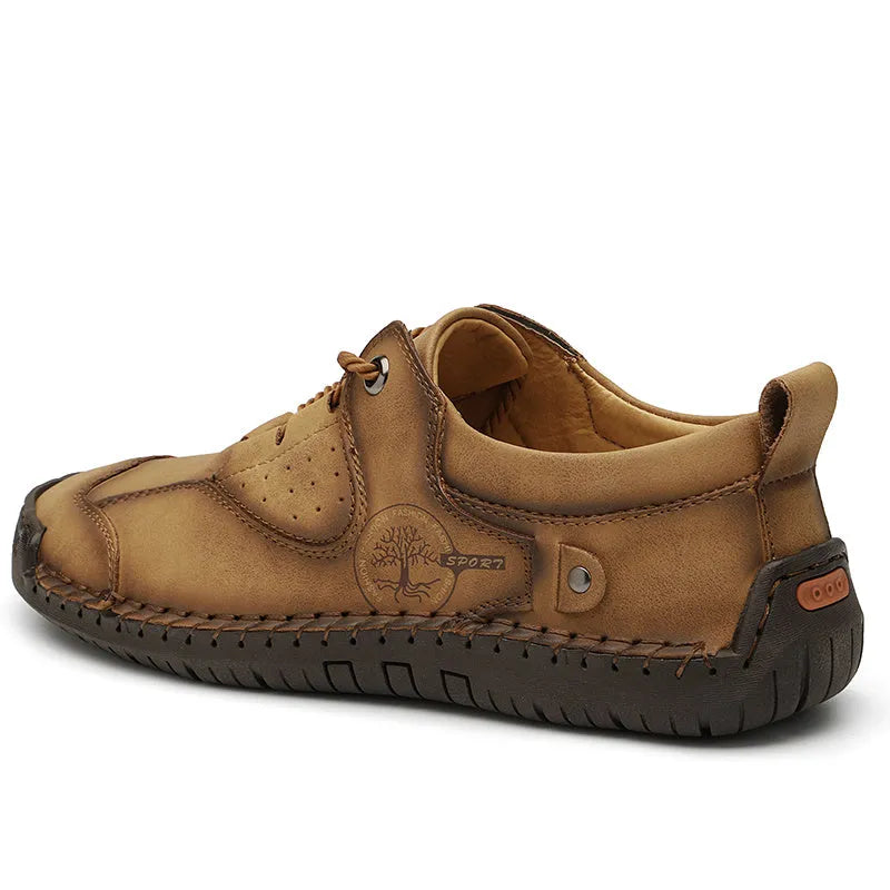 Men's casual leather shoes with round toe in black, gold, and khaki colour options