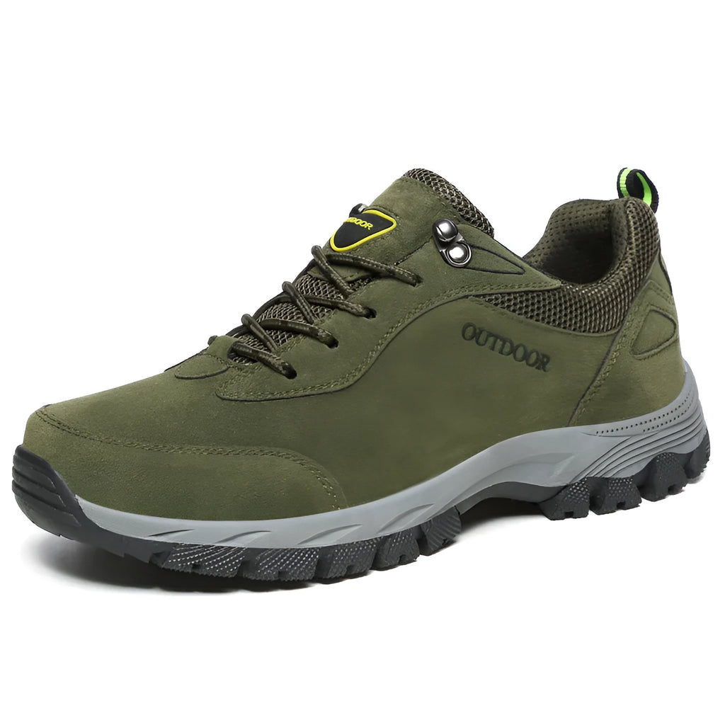 Men's low-cut outdoor hiking shoes in Army Green colour with mesh lining and PU insole.