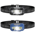 Black USB-rechargeable sensor headlight showing white front LED and dual red rear safety lights.