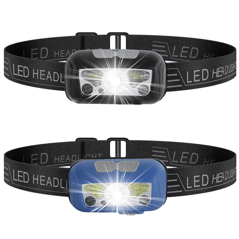 Black USB-rechargeable sensor headlight showing white front LED and dual red rear safety lights.