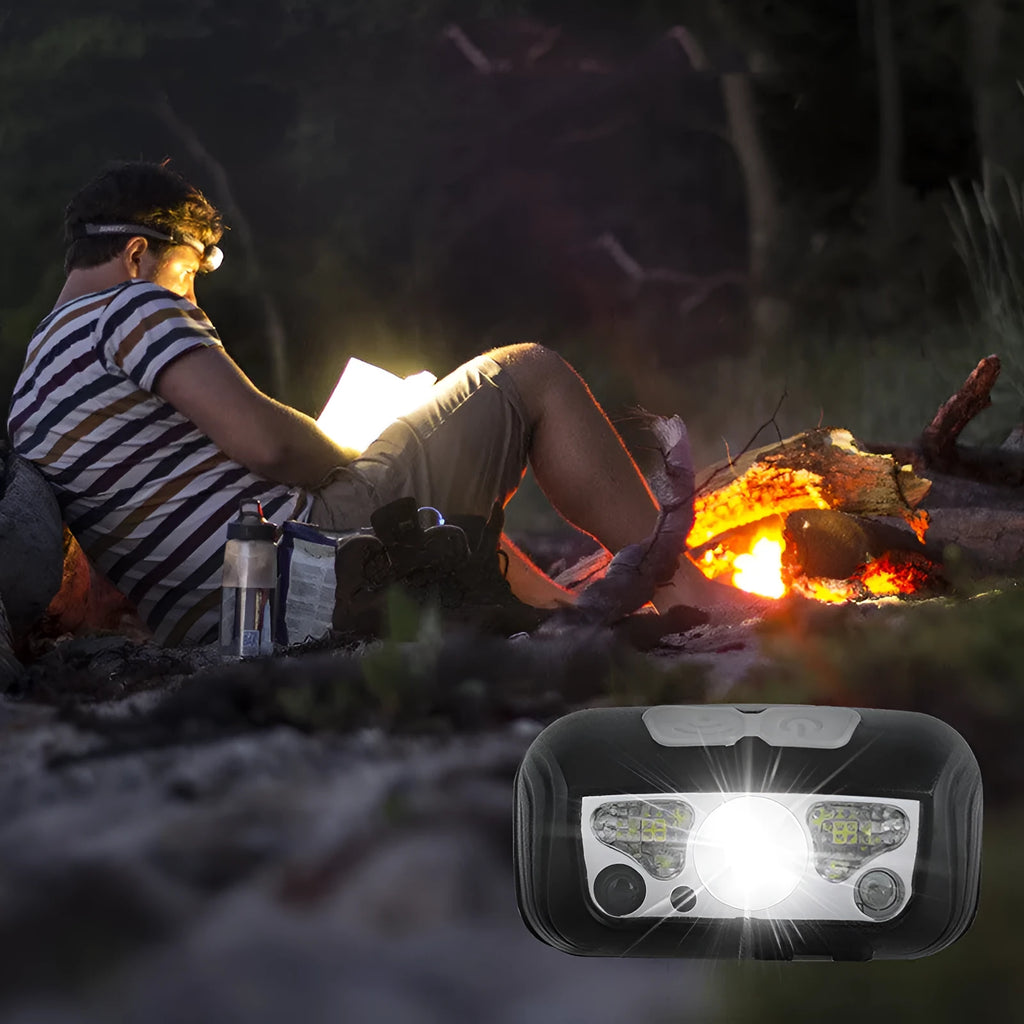 Black USB-rechargeable sensor headlight showing white front LED and dual red rear safety lights.