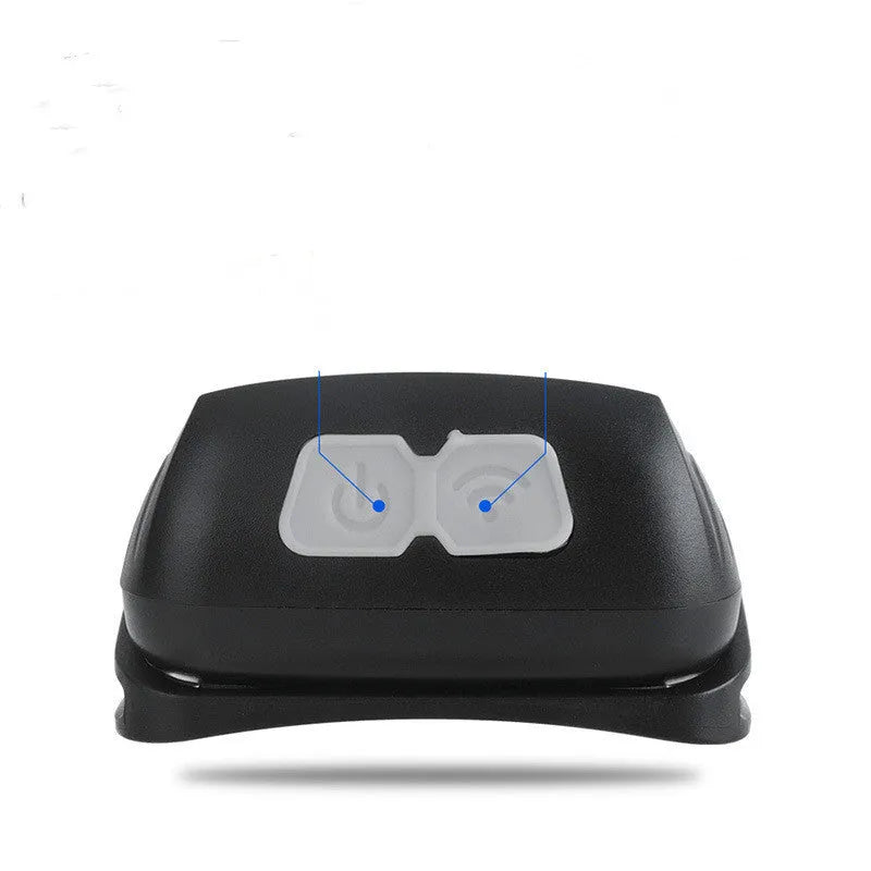Black USB-rechargeable sensor headlight showing white front LED and dual red rear safety lights.