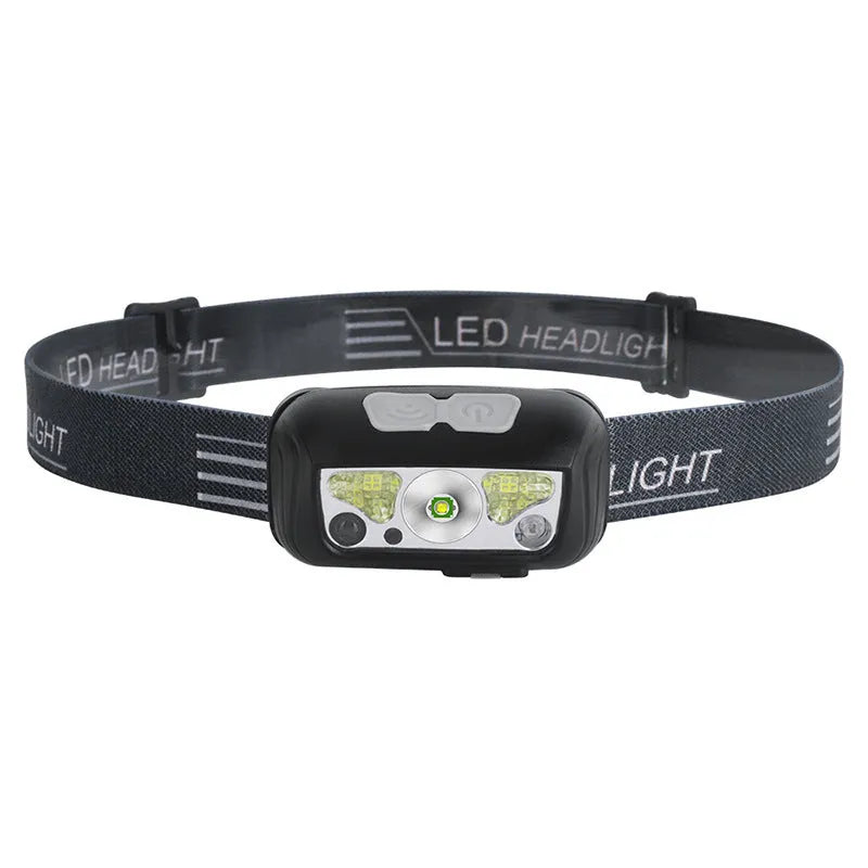 Black USB-rechargeable sensor headlight showing white front LED and dual red rear safety lights.