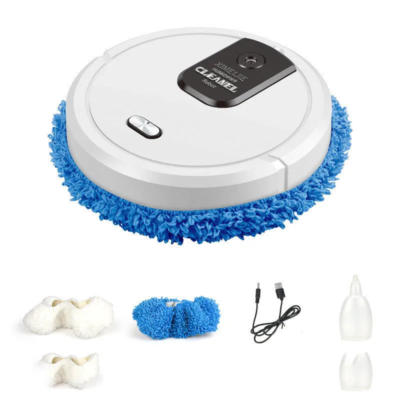 Automatic spray sweeping and mopping robot cleaner with interchangeable cleaning cloths on home floor