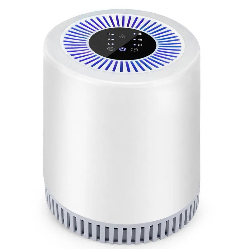 White indoor household air purifier unit with HEPA filter element.