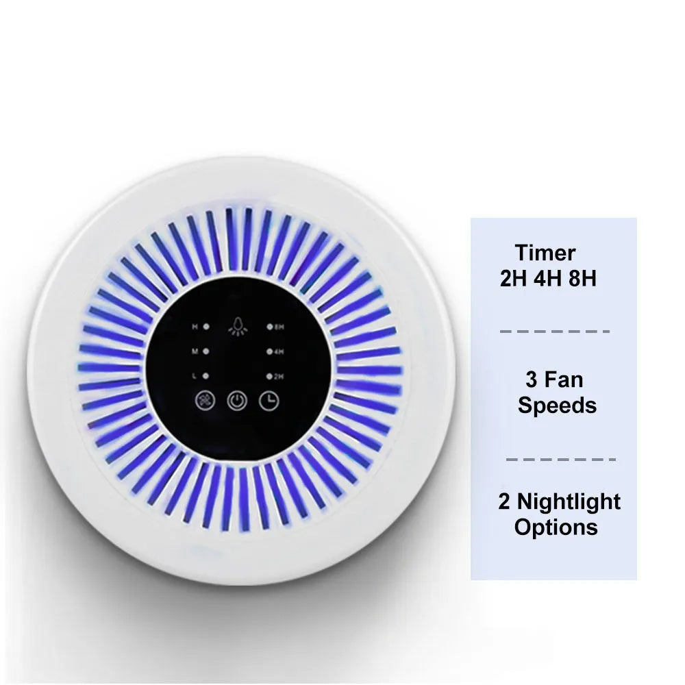White indoor household air purifier unit with HEPA filter element.