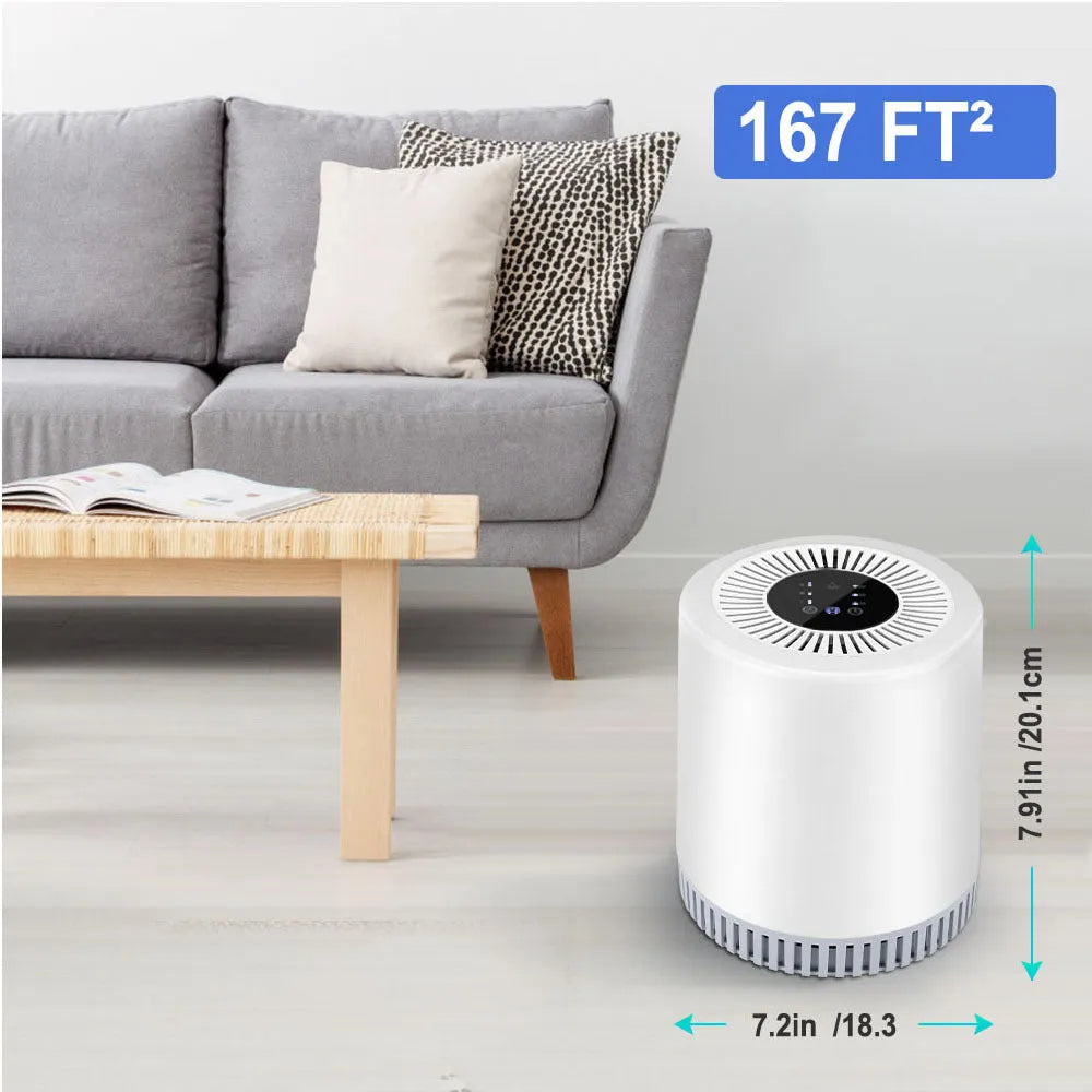 White indoor household air purifier unit with HEPA filter element.