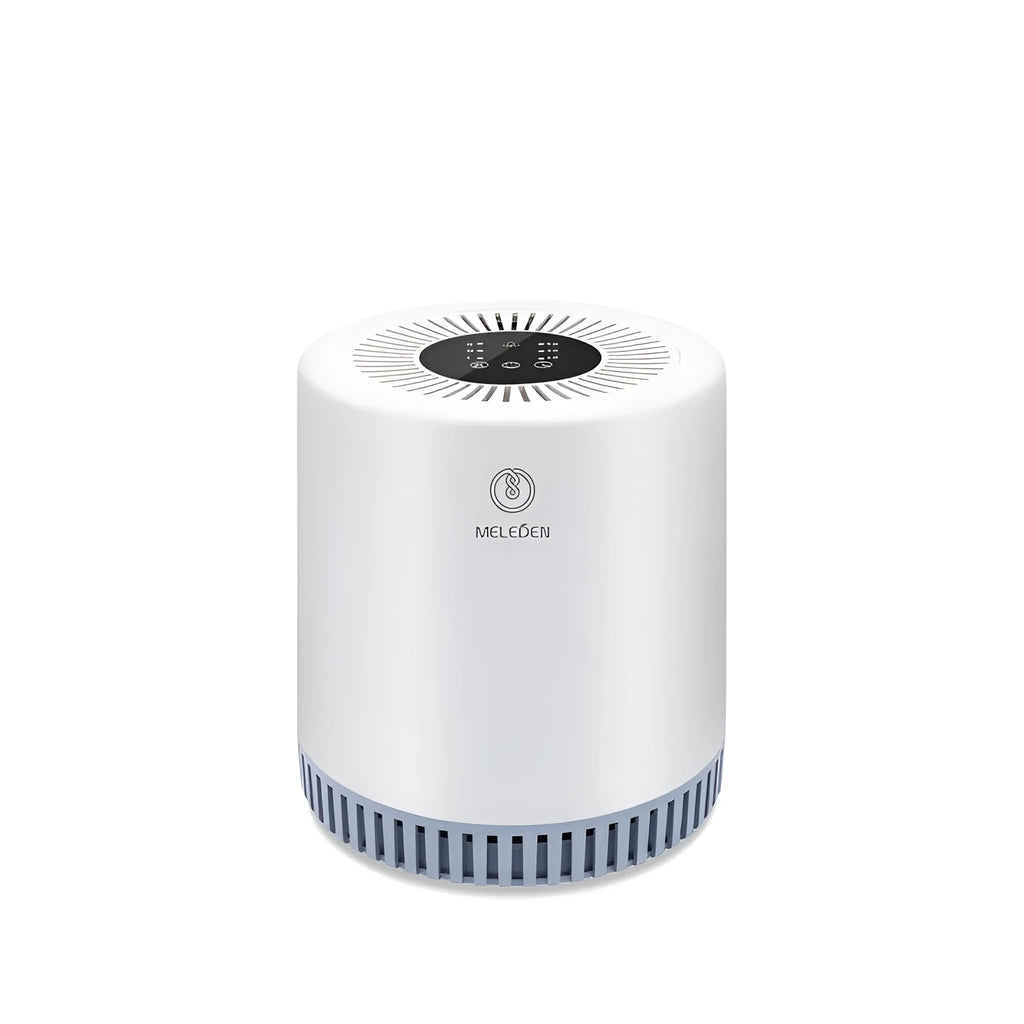 White indoor household air purifier unit with HEPA filter element.