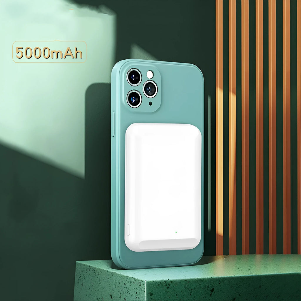 Wireless magnetic power bank in black, blue, green, pink, or white, showing 5000mAh capacity.