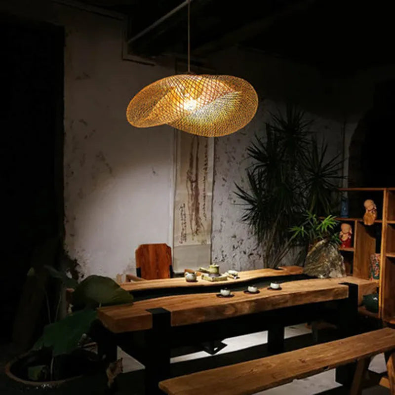 Bamboo Chinese chandelier lamp with 40cm shell for tea room or Zen decor