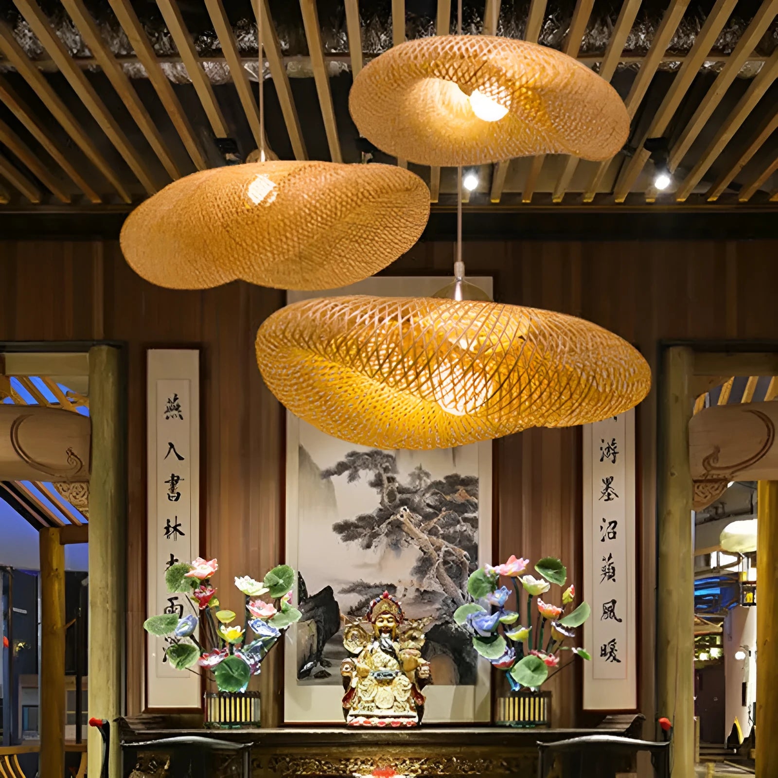Bamboo Chinese chandelier lamp with 40cm shell for tea room or Zen decor
