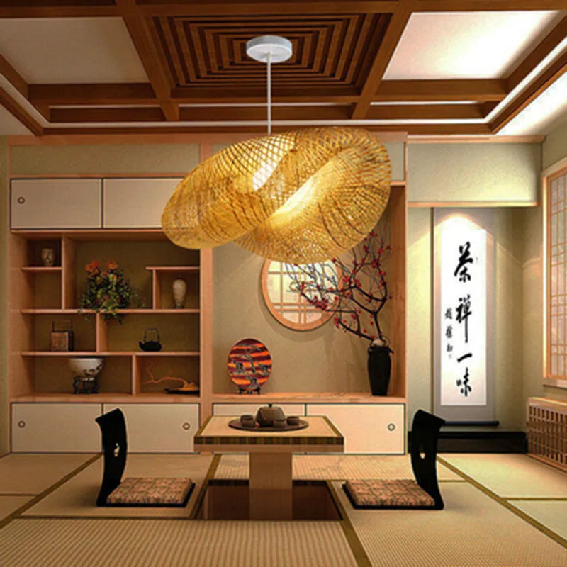 Bamboo Chinese chandelier lamp with 40cm shell for tea room or Zen decor