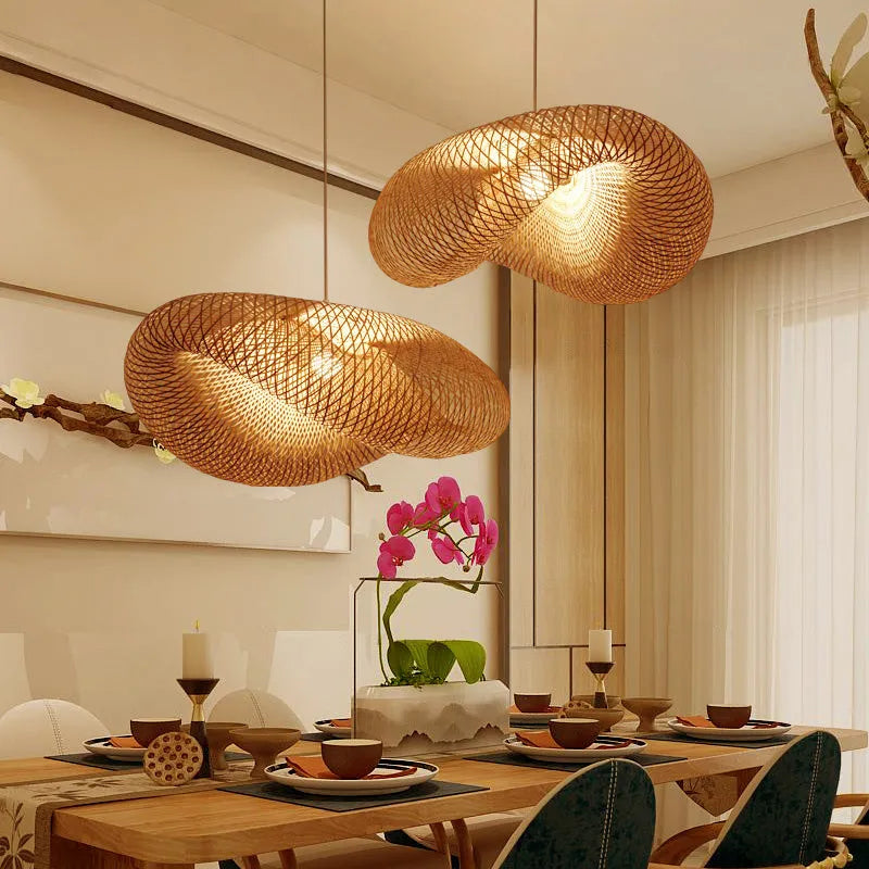 Bamboo Chinese chandelier lamp with 40cm shell for tea room or Zen decor