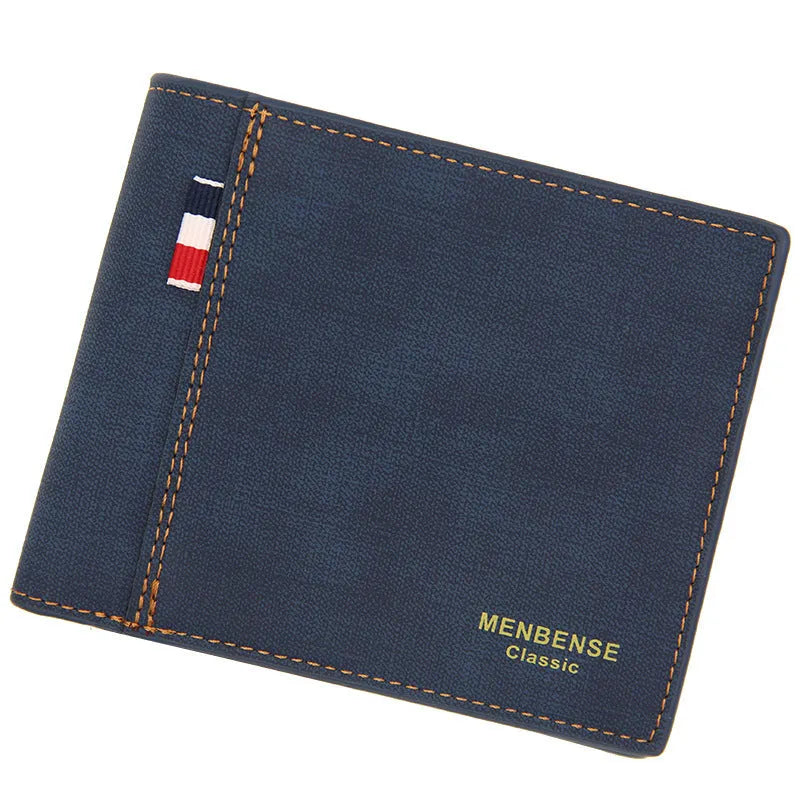 Men's tri-fold leather wallet in black, navy blue, dark brown, and light brown colour options showing large capacity interior