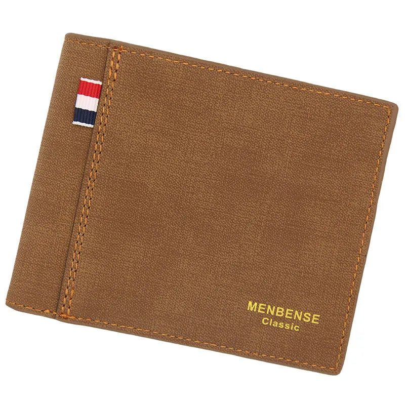 Men's tri-fold leather wallet in black, navy blue, dark brown, and light brown colour options showing large capacity interior