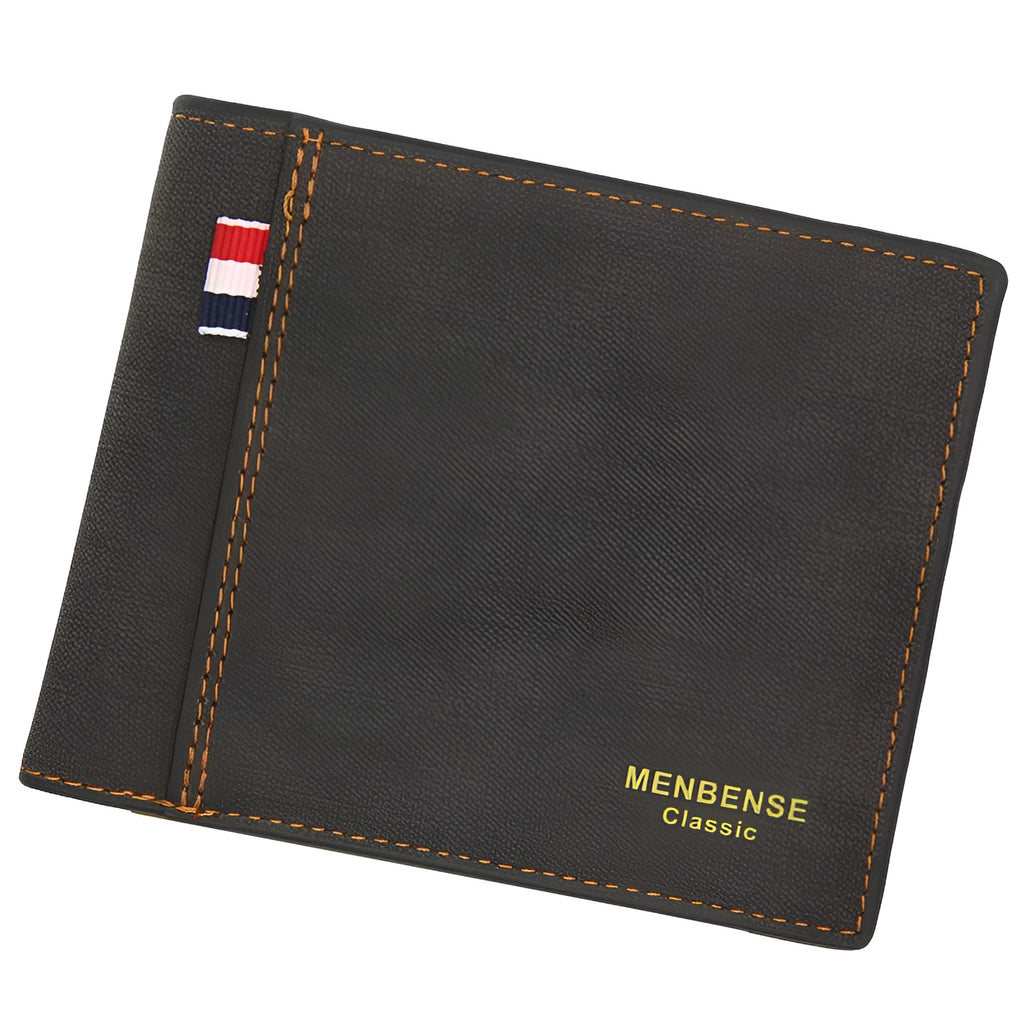 Men's tri-fold leather wallet in black, navy blue, dark brown, and light brown colour options showing large capacity interior