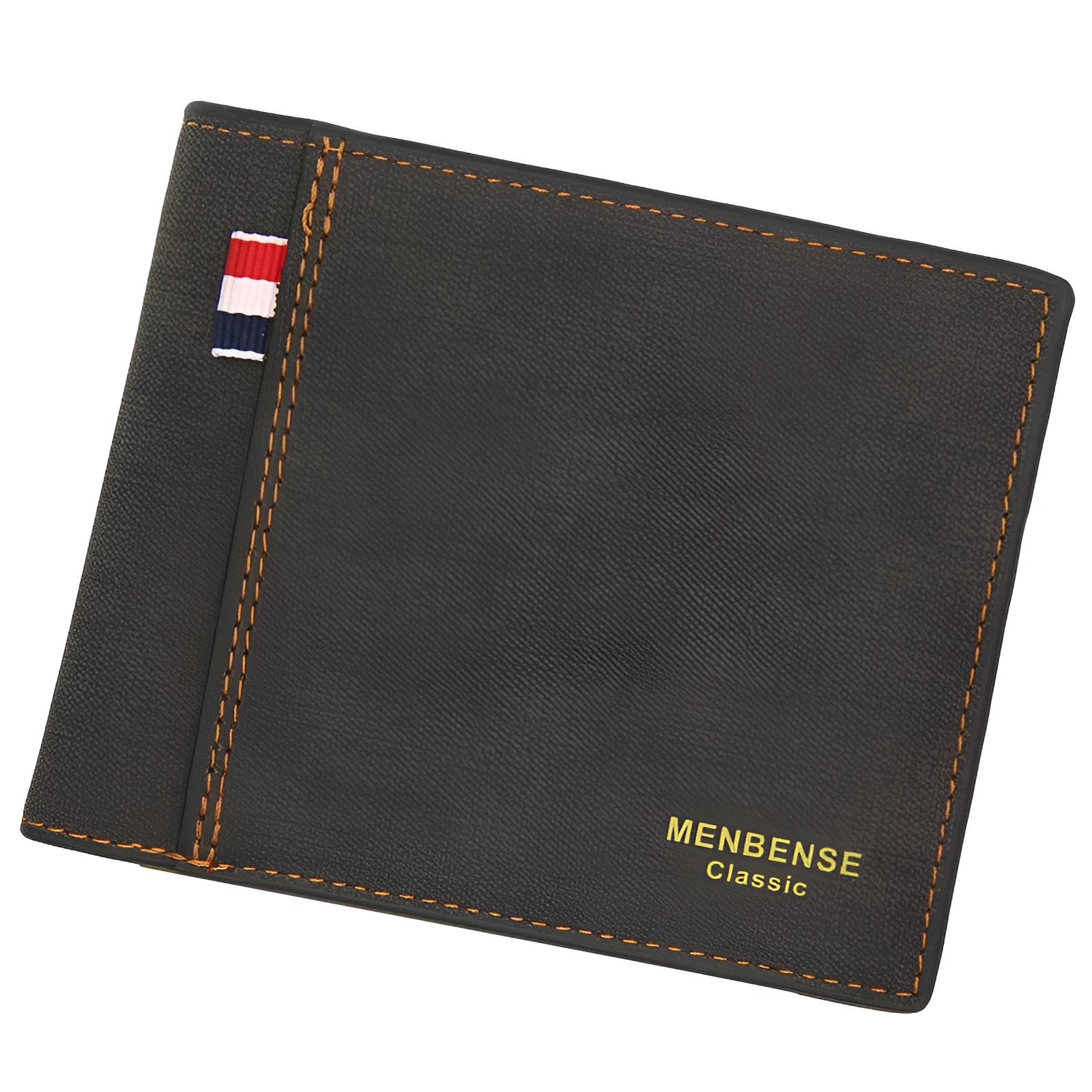 Men's tri-fold leather wallet in black, navy blue, dark brown, and light brown colour options showing large capacity interior
