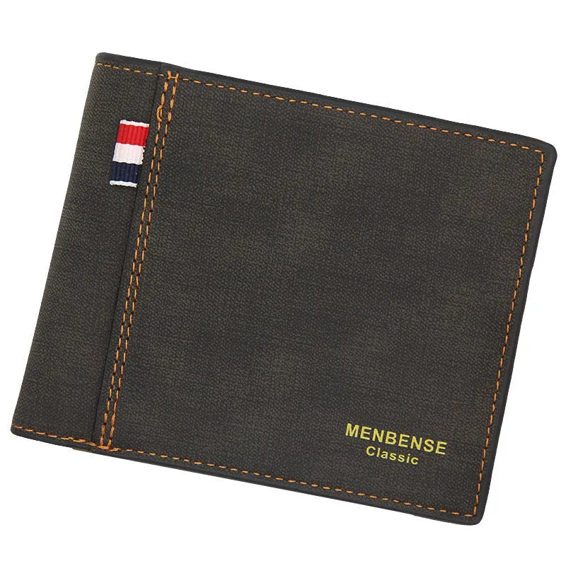 Men's tri-fold leather wallet in black, navy blue, dark brown, and light brown colour options showing large capacity interior