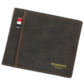 Men's tri-fold leather wallet in black, navy blue, dark brown, and light brown colour options showing large capacity interior
