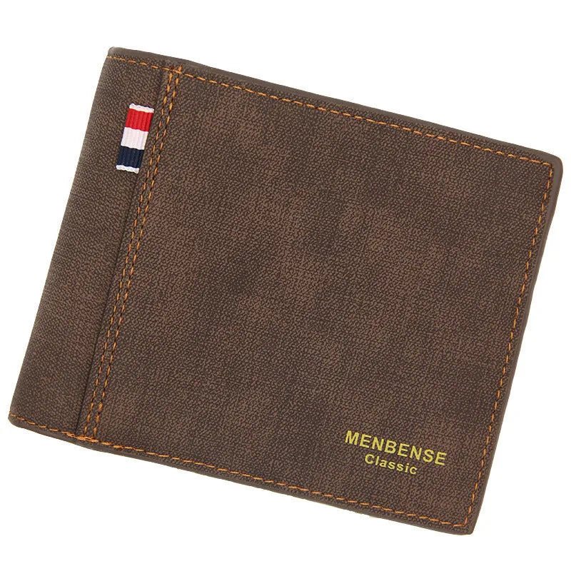Men's tri-fold leather wallet in black, navy blue, dark brown, and light brown colour options showing large capacity interior