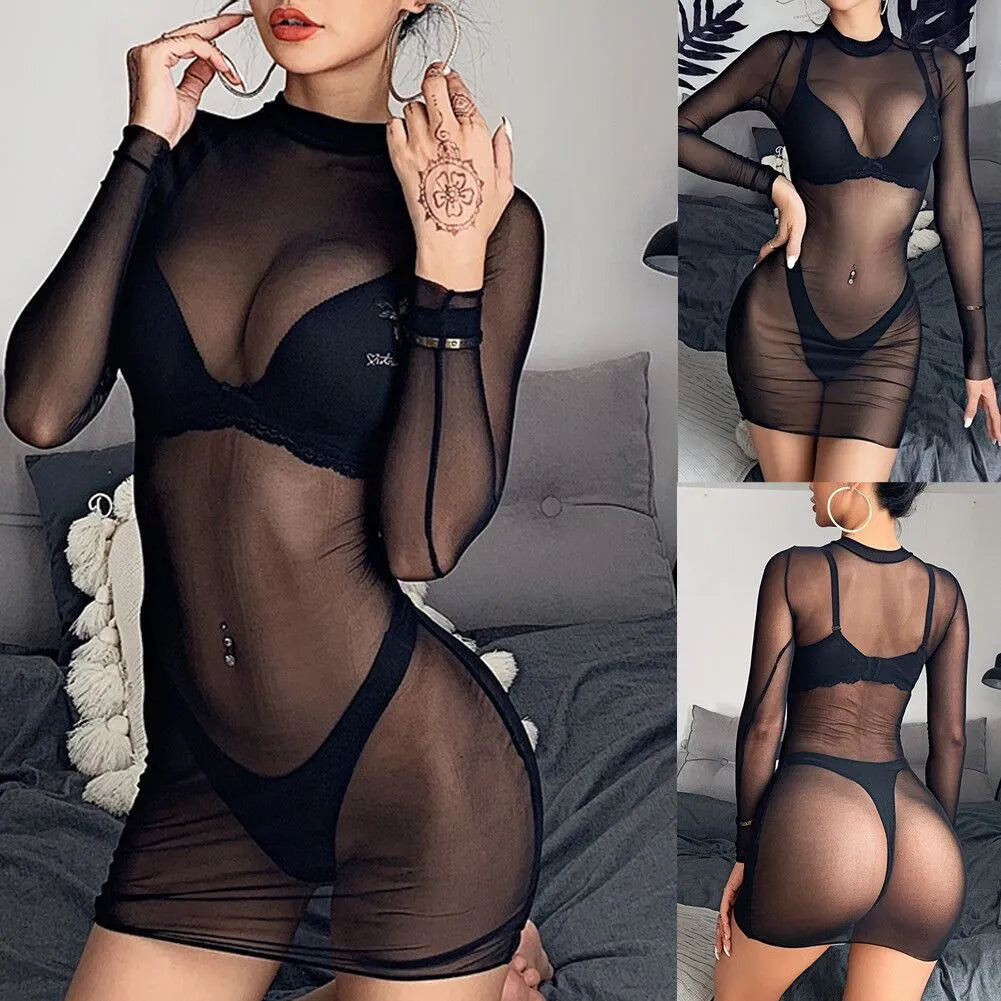 Sheer net bikini with see-through long sleeves and mesh overlay in black for women