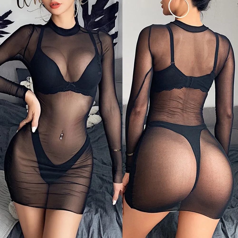 Sheer net bikini with see-through long sleeves and mesh overlay in black for women