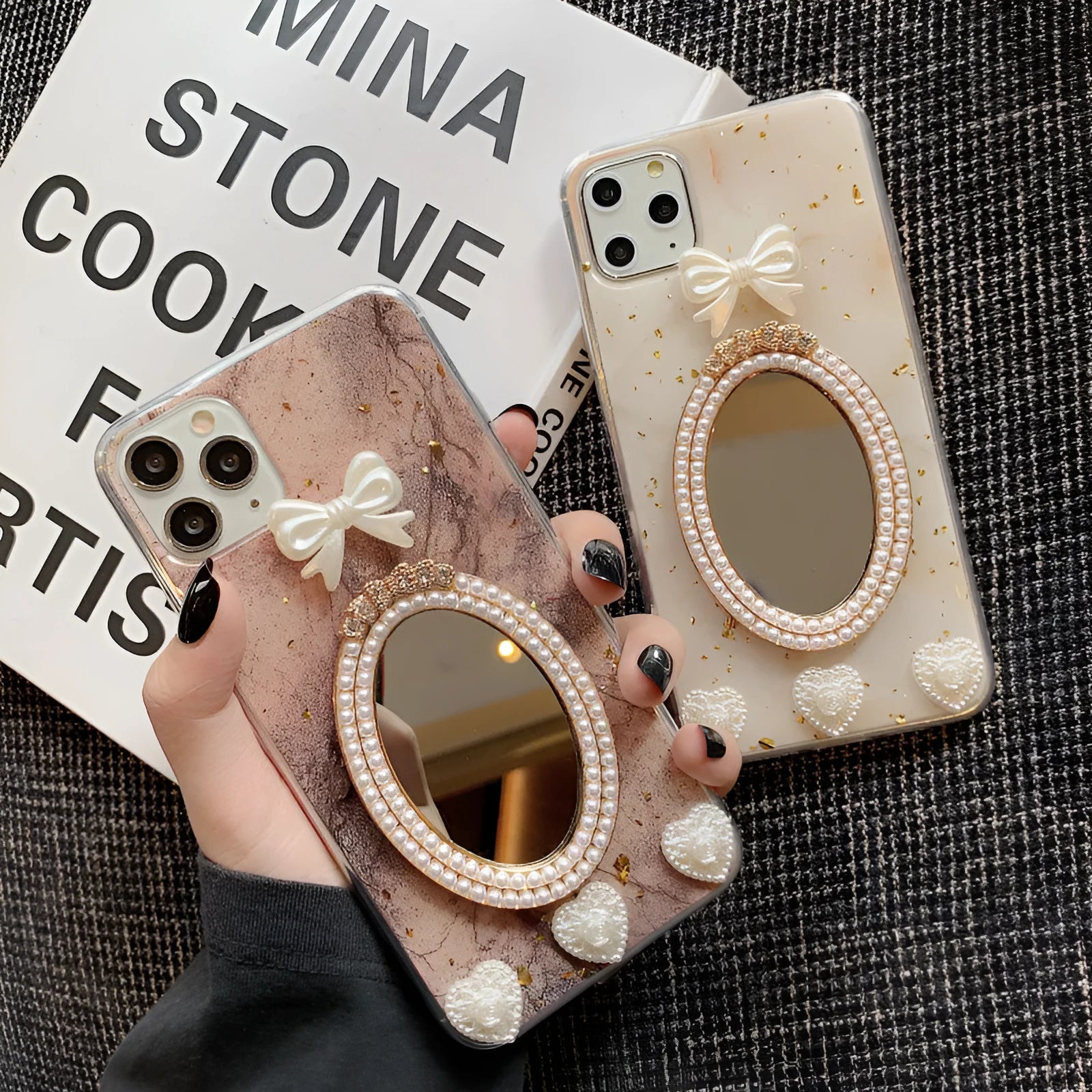 Brown marble patterned iPhone case with bowknot rhinestone design and mirror detail