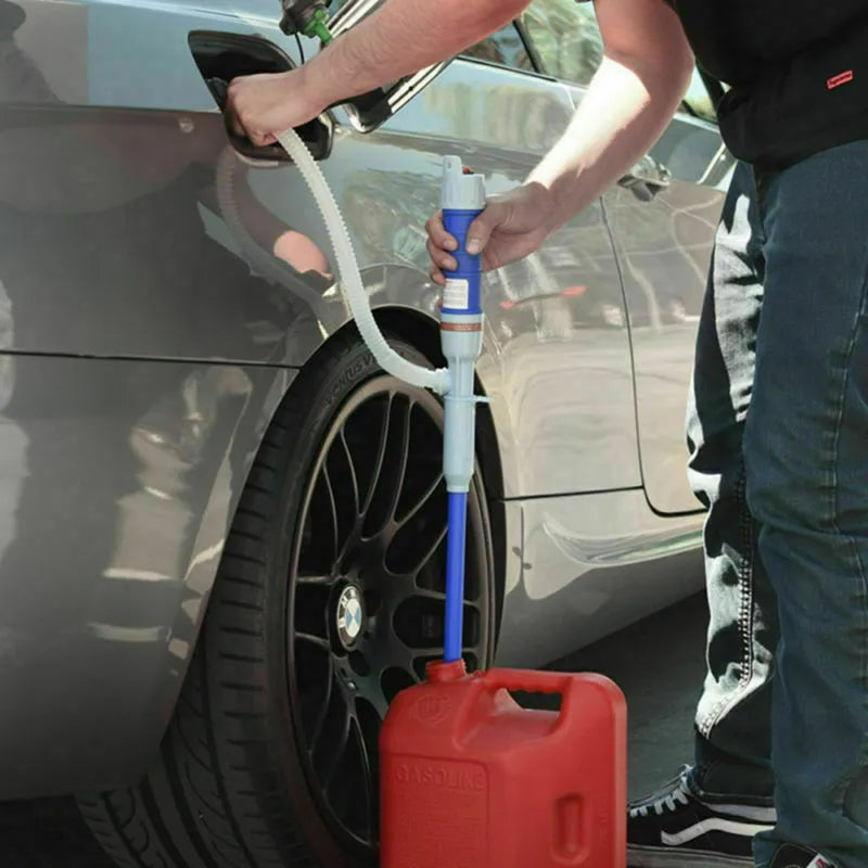 Blue manual hand siphon pump for transferring gasoline and oil, made from PP plastic.