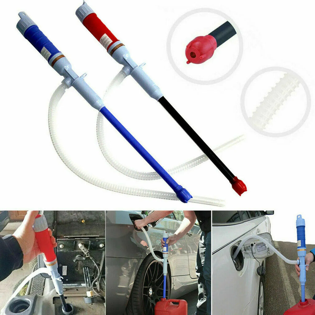 Blue manual hand siphon pump for transferring gasoline and oil, made from PP plastic.