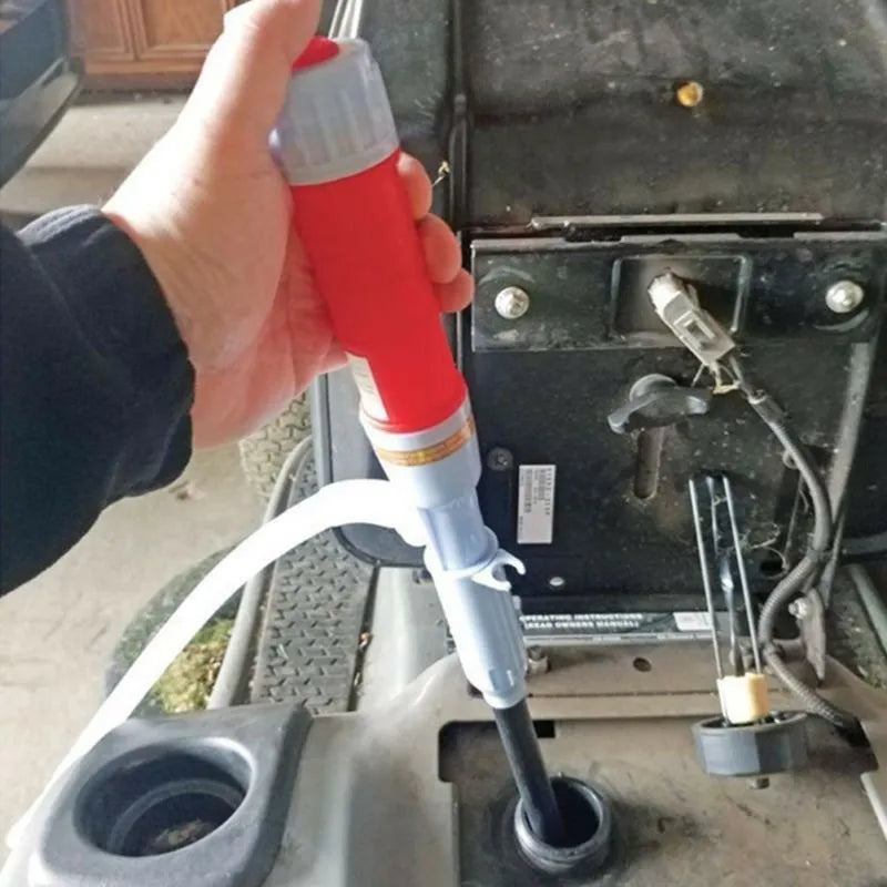 Blue manual hand siphon pump for transferring gasoline and oil, made from PP plastic.