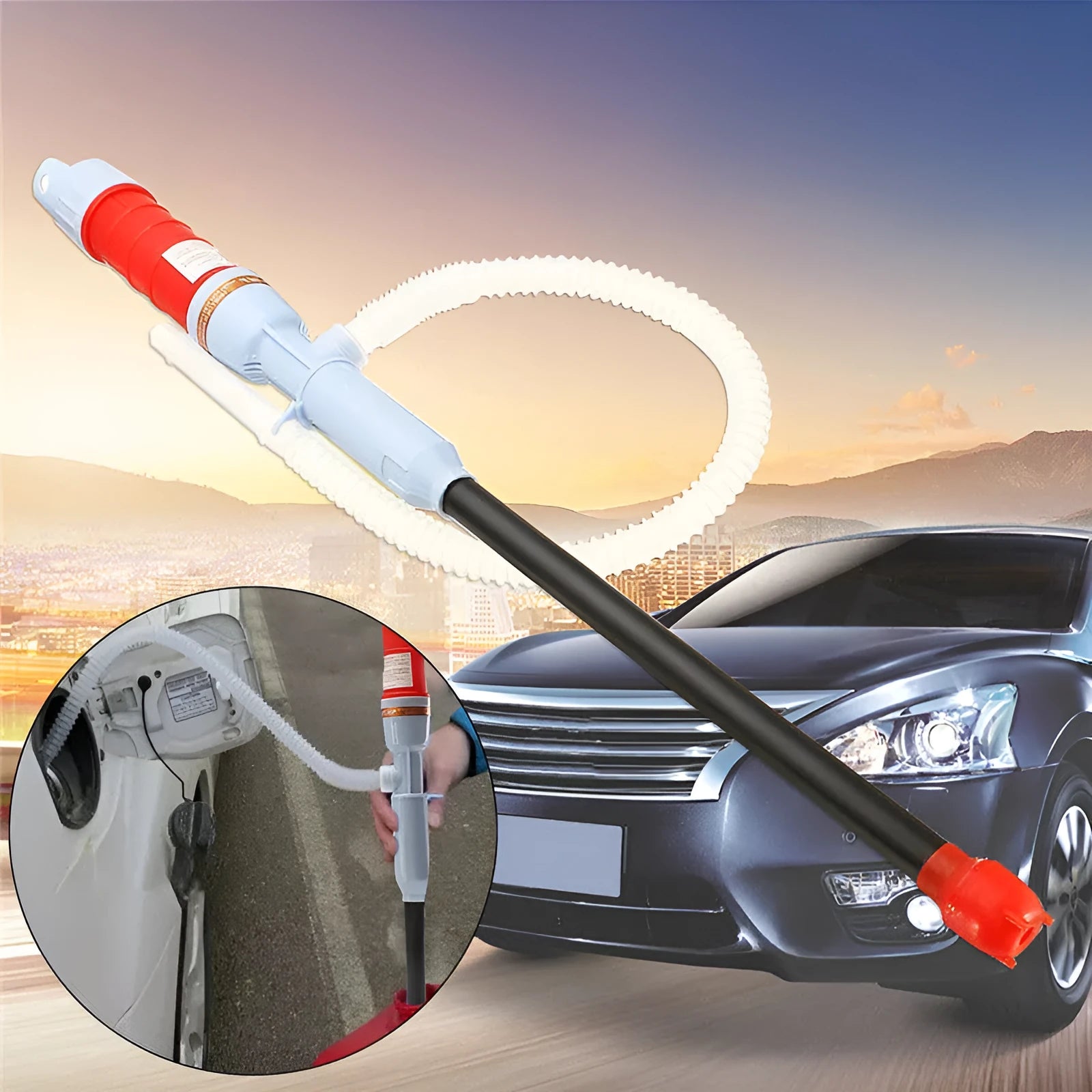 Blue manual hand siphon pump for transferring gasoline and oil, made from PP plastic.