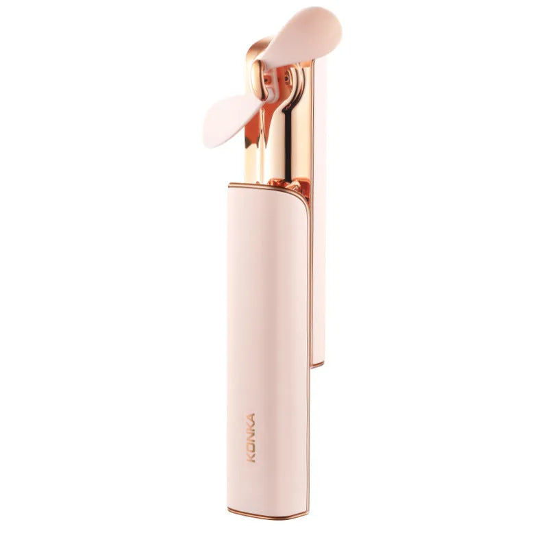Pink handheld folding fan with two-speed mechanical switch and USB charging port