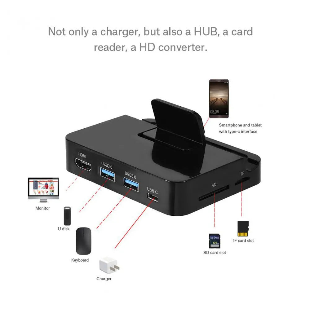 Black aluminium mobile phone dock converter for USB-C to HDMI connection on a desk.