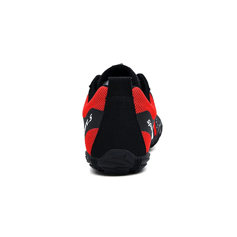 Pair of mesh outdoor wading shoes with natural rubber sole in red black or orange for beach and fishing