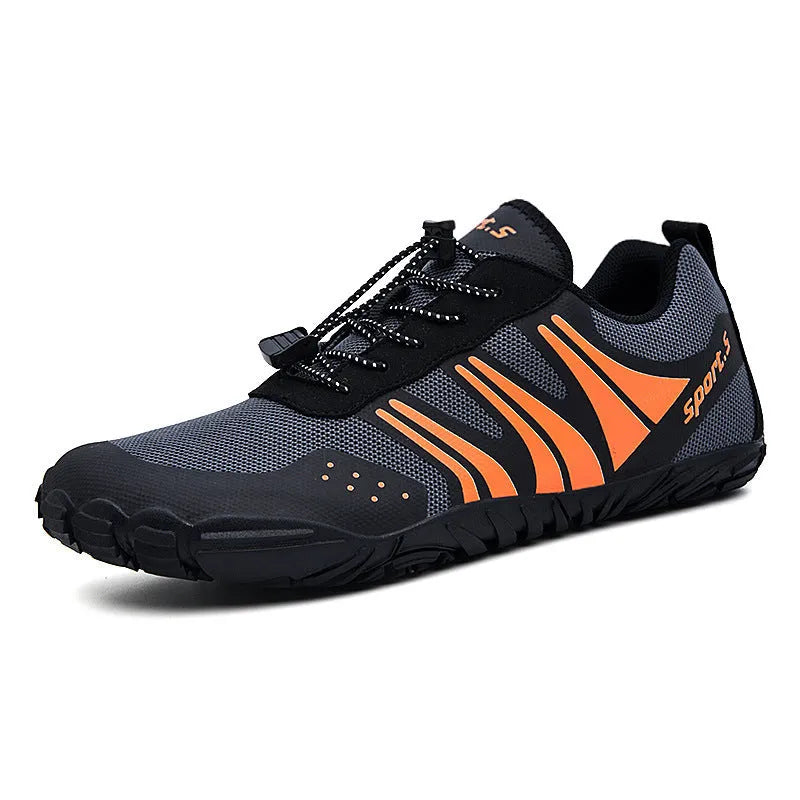 Pair of mesh outdoor wading shoes with natural rubber sole in red black or orange for beach and fishing