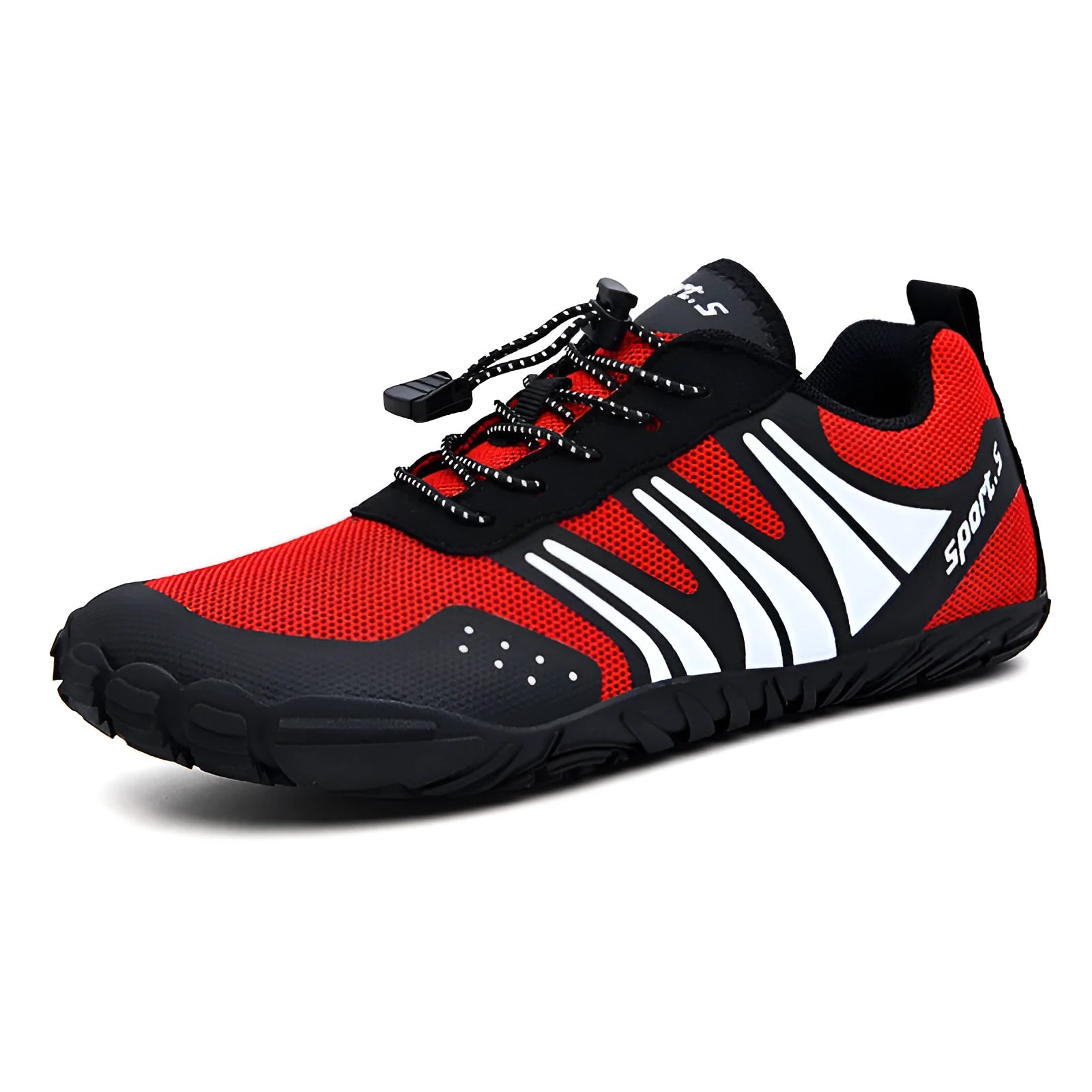 Pair of mesh outdoor wading shoes with natural rubber sole in red black or orange for beach and fishing